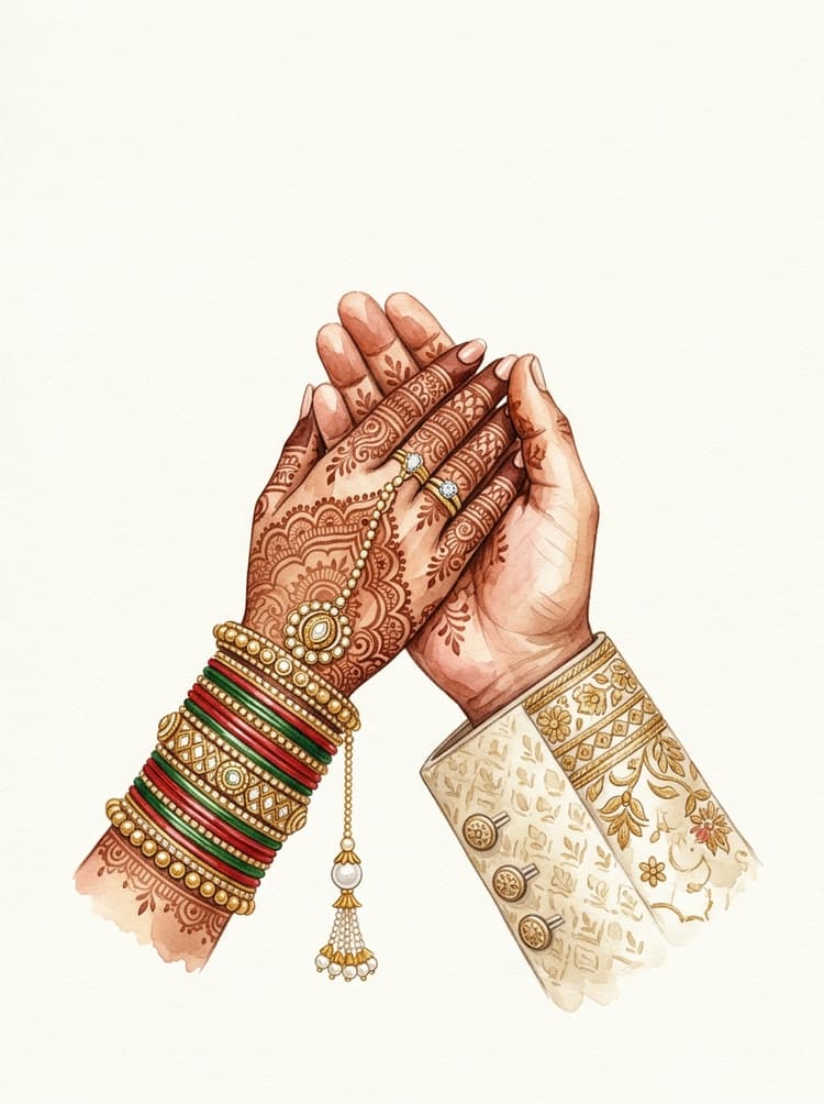 Watercolor illustration of bride and groom holding hands